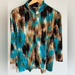 Laura Ashley Medium Full Zip 3/4 Sleeve Turquoise Brown multicolor Blouse mature